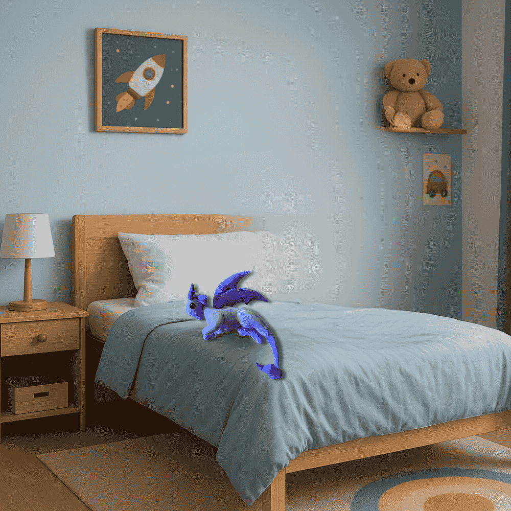 Une chambre d’enfant avec un doudou dragon personnalisé de couleur violette.